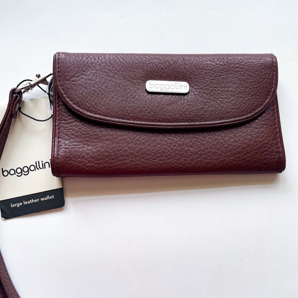 NWT Baggallini Brown Leaether Wallet Wristlet Pink Lining